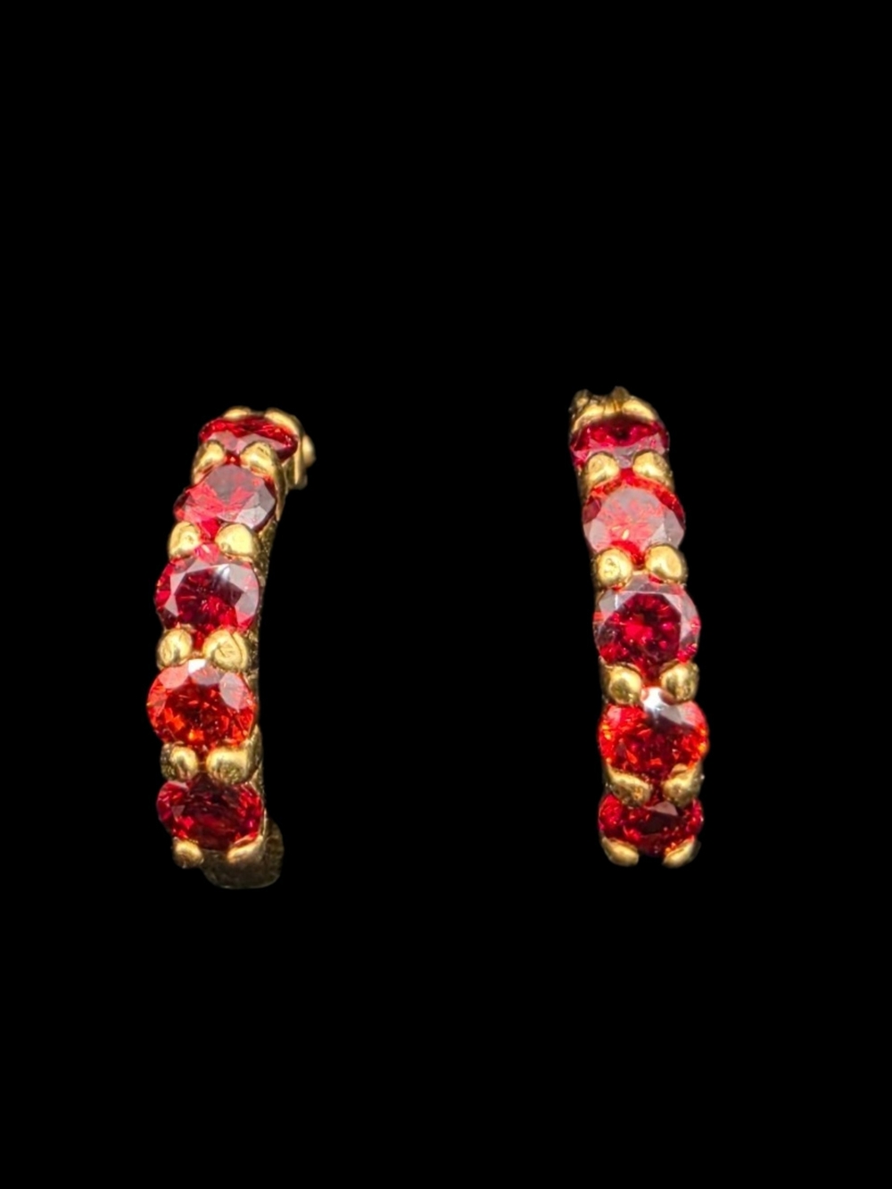 Italian 14K Gold Over Solid 925 Sterling Silver Red CZ Huggie Hoop Earrings